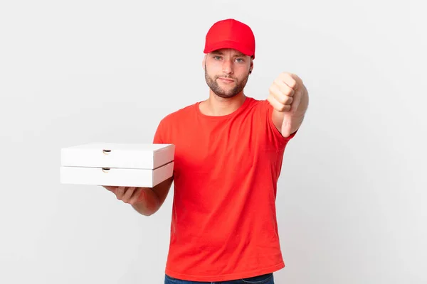 Pizza Deliver Man Feeling Cross Showing Thumbs — Stockfoto