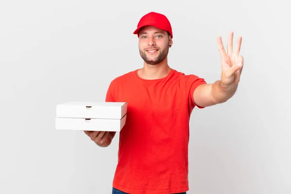 Pizza Entregar Hombre Sonriendo Buscando Amigable Mostrando Número Tres — Foto de Stock