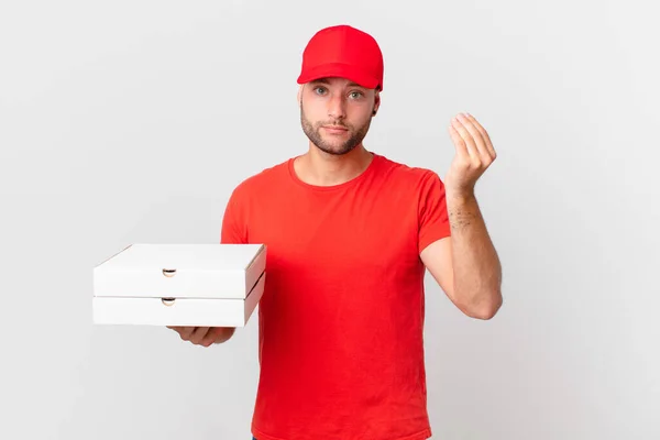 Pizza Deliver Man Making Capice Money Gesture Telling You Pay — Fotografia de Stock