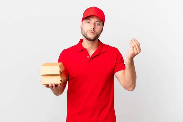 Burger Liefern Mann Macht Capice Oder Geld Geste Sagt Ihnen — Stockfoto