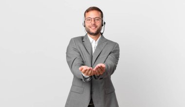 telemarketer businessman smiling happily with friendly and  offering and showing a concept