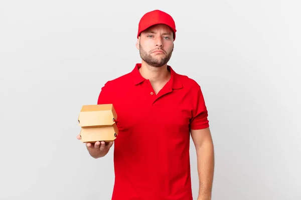 Burger Lieferant Mann Fühlt Sich Traurig Und Weinerlich Mit Einem — Stockfoto