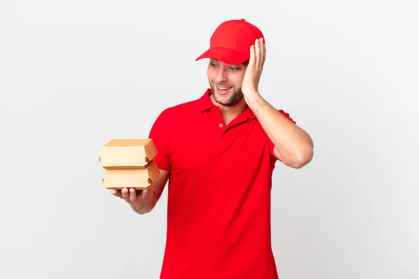 Burger Deliver Man Feeling Happy Excited Surprised — Stock Photo, Image