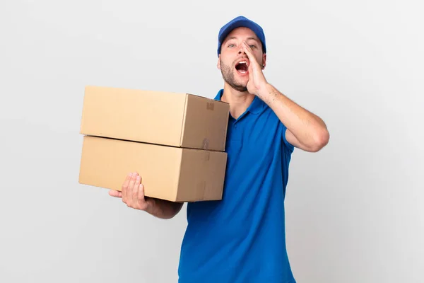 Package Deliver Man Feeling Happy Giving Big Shout Out Hands — Stock Photo, Image