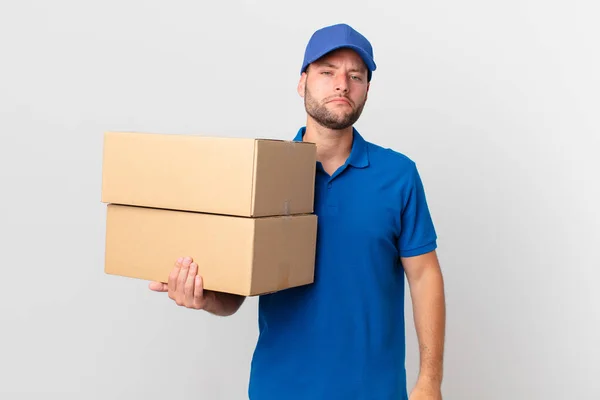 Package Deliver Man Feeling Sad Whiney Unhappy Look Crying — Stock Photo, Image