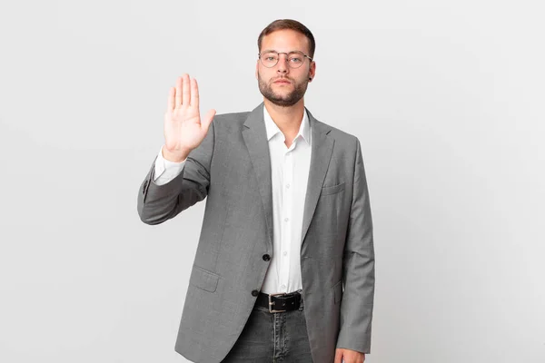 Handsome Businessman Looking Serious Showing Open Palm Making Stop Gesture — Foto de Stock