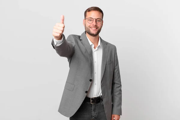 Handsome Businessman Feeling Proud Smiling Positively Thumbs — Stockfoto