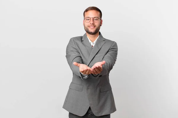 Handsome Businessman Smiling Happily Friendly Offering Showing Concept — Stock Fotó