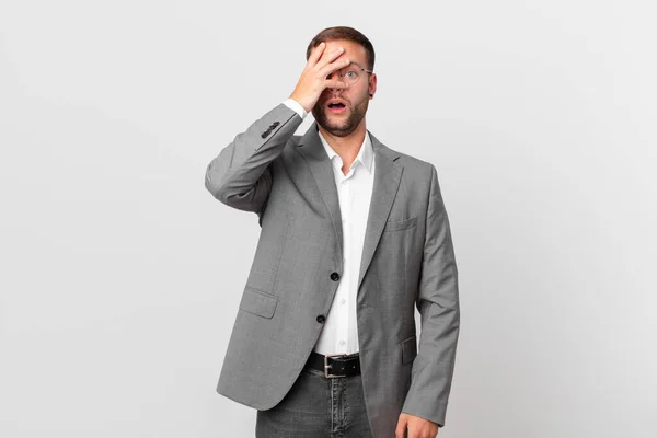 Handsome Businessman Looking Shocked Scared Terrified Covering Face Hand — Stock Fotó