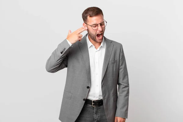 Handsome Businessman Looking Unhappy Stressed Suicide Gesture Making Gun Sign — Foto de Stock