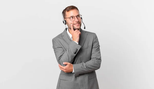 Telemarketer Businessman Smiling Happily Daydreaming Doubting — Stockfoto