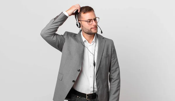 Telemarketer Businessman Feeling Puzzled Confused Scratching Head — Foto de Stock