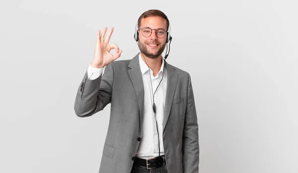 Telemarketer Businessman Feeling Happy Showing Approval Okay Gesture — Stock fotografie