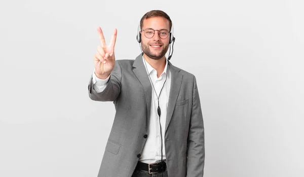 Telemarketer Businessman Smiling Looking Happy Gesturing Victory Peace — Stock Fotó