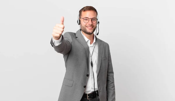 Telemarketer Businessman Feeling Proud Smiling Positively Thumbs — Stok fotoğraf