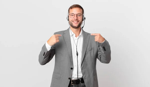 Telemarketer Businessman Feeling Happy Pointing Self Excited — Stock fotografie