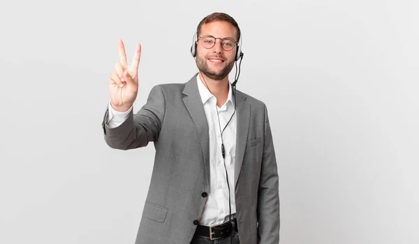 Telemarketer Businessman Smiling Looking Friendly Showing Number Two — Fotografia de Stock