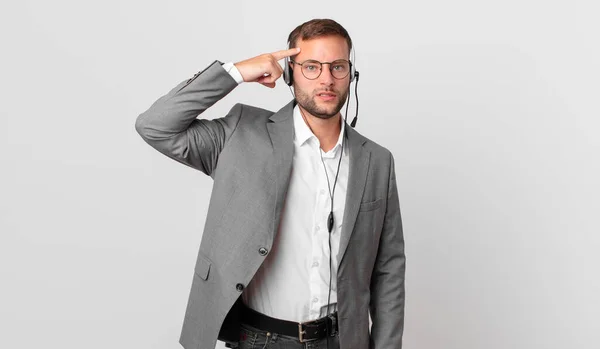 Telemarketer Businessman Feeling Confused Puzzled Showing You Insane — Fotografia de Stock