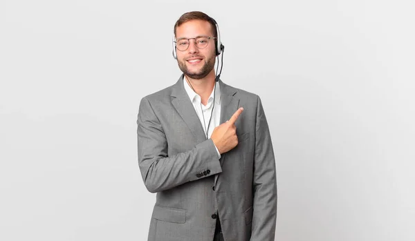 Telemarketer Businessman Smiling Cheerfully Feeling Happy Pointing Side — Fotografia de Stock