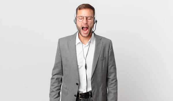 Telemarketer Businessman Shouting Aggressively Looking Very Angry — Foto de Stock