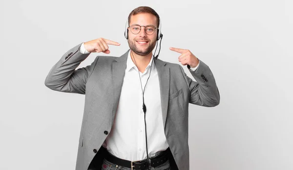 Telemarketer Businessman Smiling Confidently Pointing Own Broad Smile — Stock fotografie