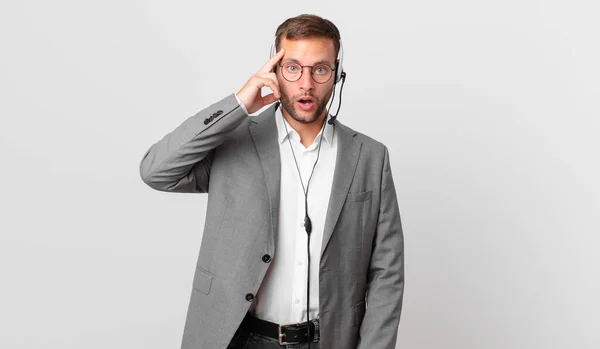 Telemarketer Businessman Looking Surprised Realizing New Thought Idea Concept — Fotografia de Stock