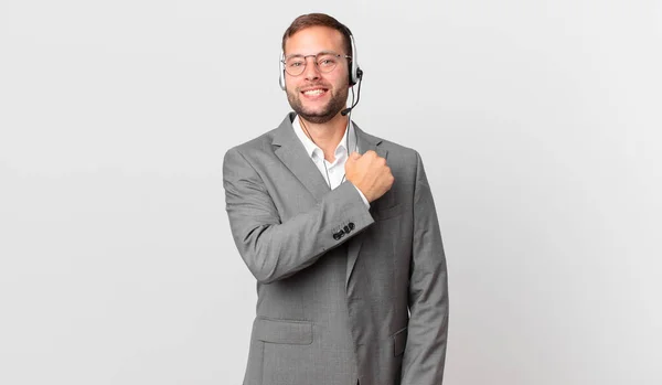 Telemarketer Businessman Feeling Happy Facing Challenge Celebrating — Stockfoto