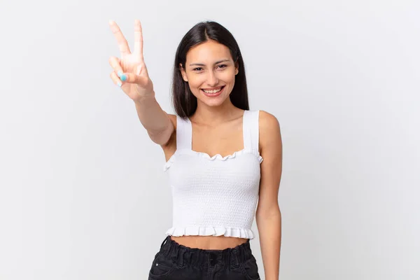 Hispanic Pretty Woman Smiling Looking Happy Gesturing Victory Peace — Stock Photo, Image