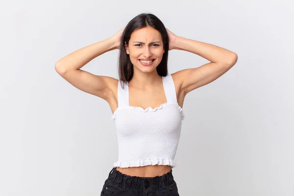 Hispanic Pretty Woman Feeling Stressed Anxious Scared Hands Head — Stock Photo, Image