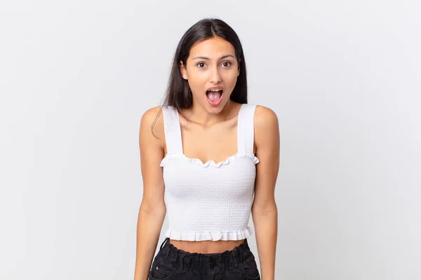 Hispanic Pretty Woman Looking Very Shocked Surprised — Stock Photo, Image