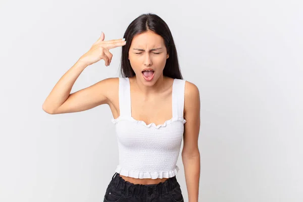 Hispanic Pretty Woman Looking Unhappy Stressed Suicide Gesture Making Gun — Stock Photo, Image