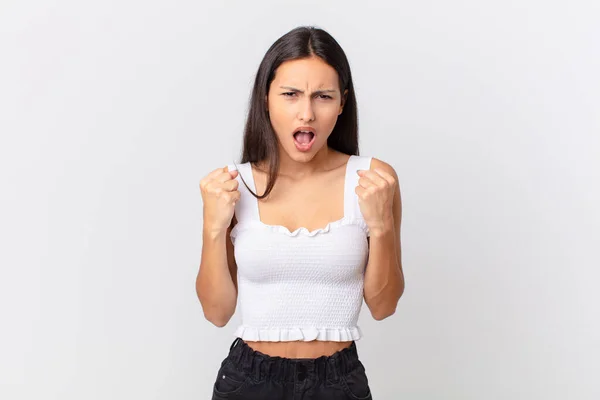 Hispanic Pretty Woman Shouting Aggressively Angry Expression — Stock Fotó