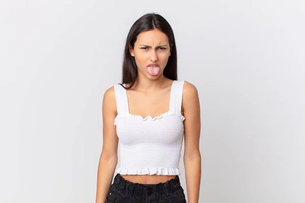 Hispanic Pretty Woman Feeling Disgusted Irritated Tongue Out — Stock Photo, Image