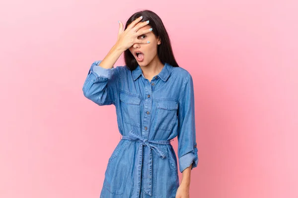 Hispanic Pretty Woman Looking Shocked Scared Terrified Covering Face Hand — Stock Photo, Image