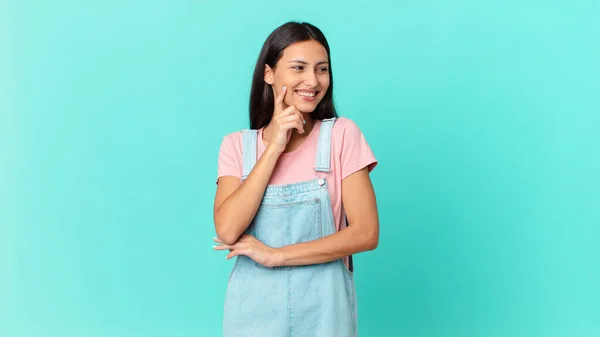 Hispanic Pretty Woman Smiling Happy Confident Expression Hand Chin — Stockfoto
