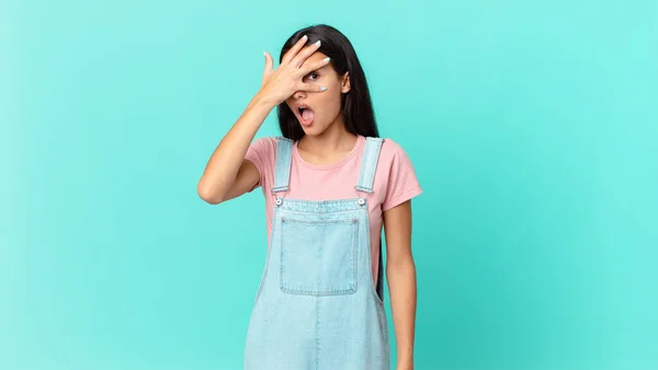 Hispanic Pretty Woman Looking Shocked Scared Terrified Covering Face Hand — Stock Fotó