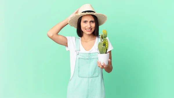 Pretty Farmer Woman Feeling Stressed Anxious Scared Hands Head Holding — Stockfoto
