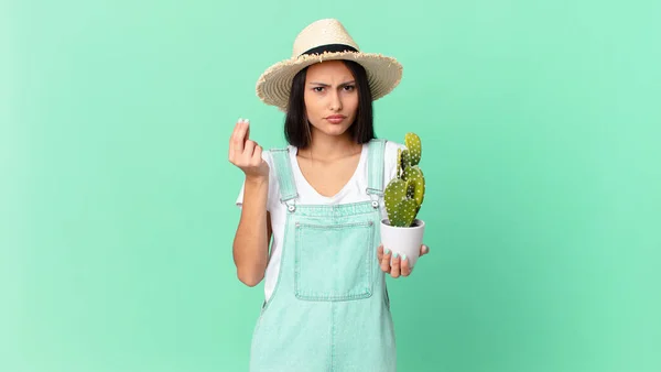 Pretty Farmer Woman Making Capice Money Gesture Telling You Pay — ストック写真