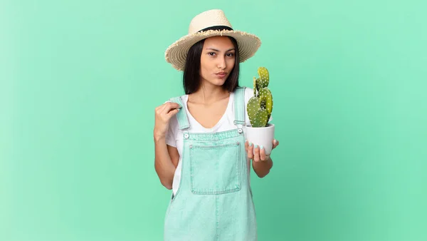 Pretty Farmer Woman Looking Arrogant Successful Positive Proud Holding Cactus — Foto de Stock