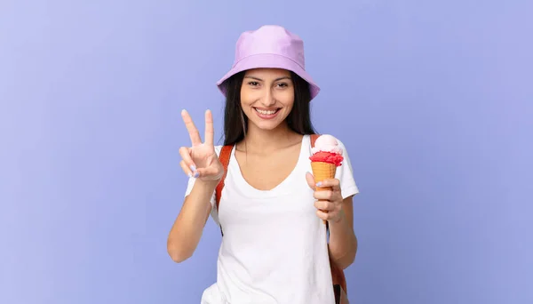 Pretty Hispanic Tourist Smiling Looking Happy Gesturing Victory Peace Holding — ストック写真