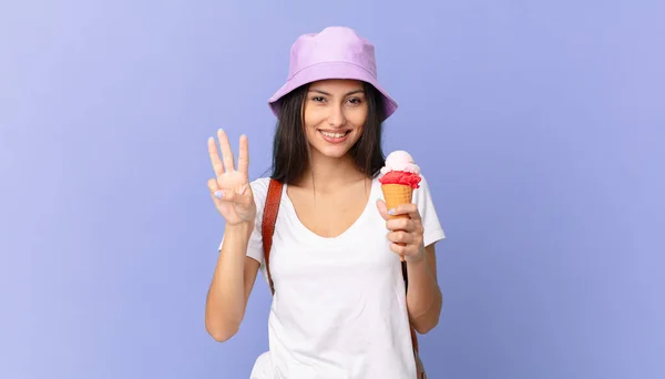Pretty Hispanic Tourist Smiling Looking Friendly Showing Number Three Holding — Stockfoto