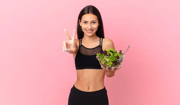 Hispanic Fitness Woman Smiling Looking Happy Gesturing Victory Peace Holding — Stock fotografie