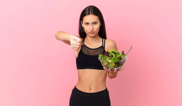 Hispanic Fitness Woman Feeling Cross Showing Thumbs Holding Salad — Fotografia de Stock