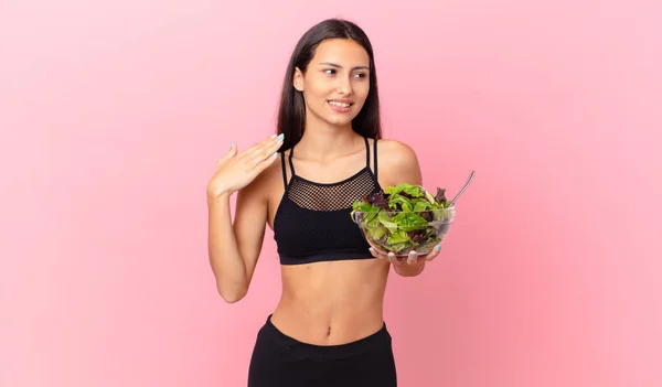Hispanic Fitness Woman Feeling Stressed Anxious Tired Frustrated Holding Salad — Stock fotografie