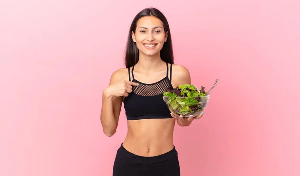 Hispanic Fitness Woman Feeling Happy Pointing Self Excited Holding Salad — Stock fotografie