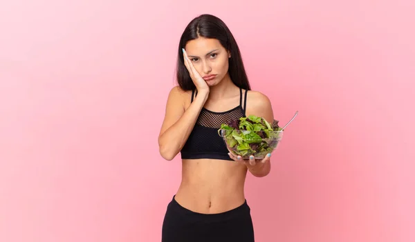 Hispanic Fitness Woman Feeling Bored Frustrated Sleepy Tiresome Holding Salad — Stock fotografie