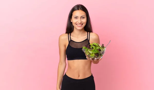 Hispanic Fitness Woman Looking Happy Pleasantly Surprised Holding Salad — ストック写真