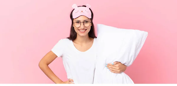 Hispanic Woman Wearing Pajamas Smiling Happily Hand Hip Confident Holding — Zdjęcie stockowe