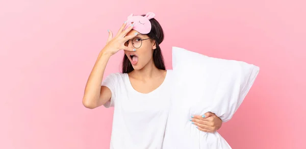 Hispanic Woman Wearing Pajamas Looking Shocked Scared Terrified Covering Face — Stok fotoğraf