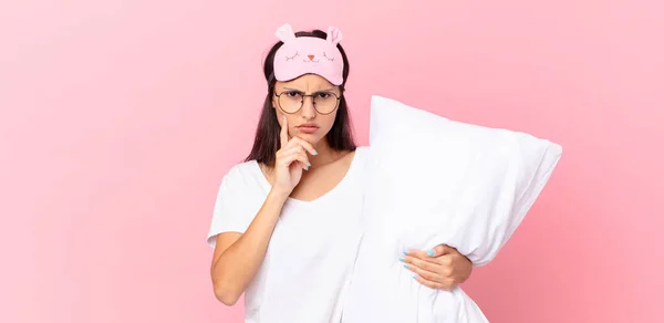 Hispanic Woman Wearing Pajamas Mouth Eyes Wide Open Hand Chin — Stok fotoğraf